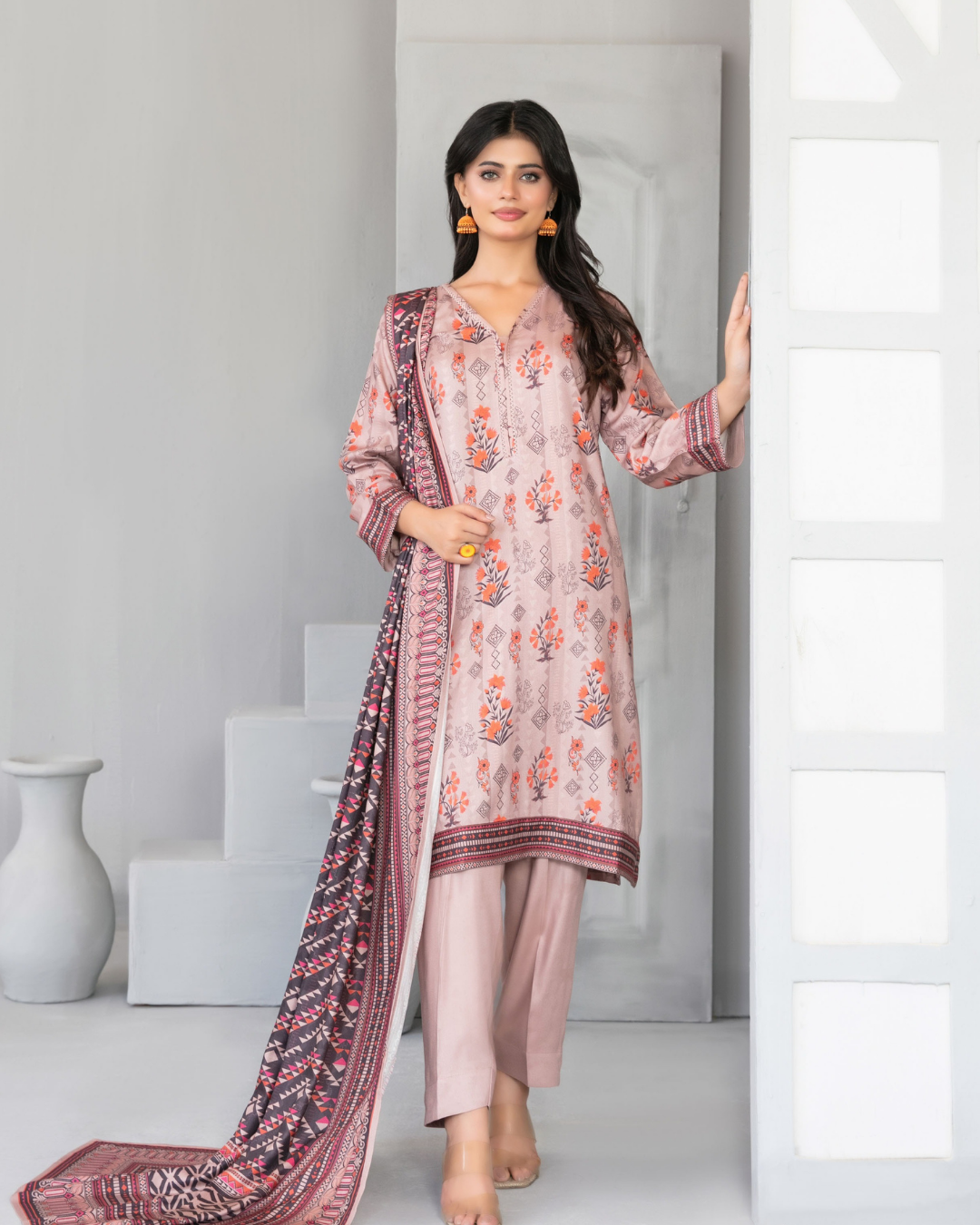 Dusty Pink Floral Digital Print Shawl Dupatta 3-Piece Suit – Dilnur Collection