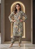 Taupe Grey Linen Stitched Staple Digital print suit