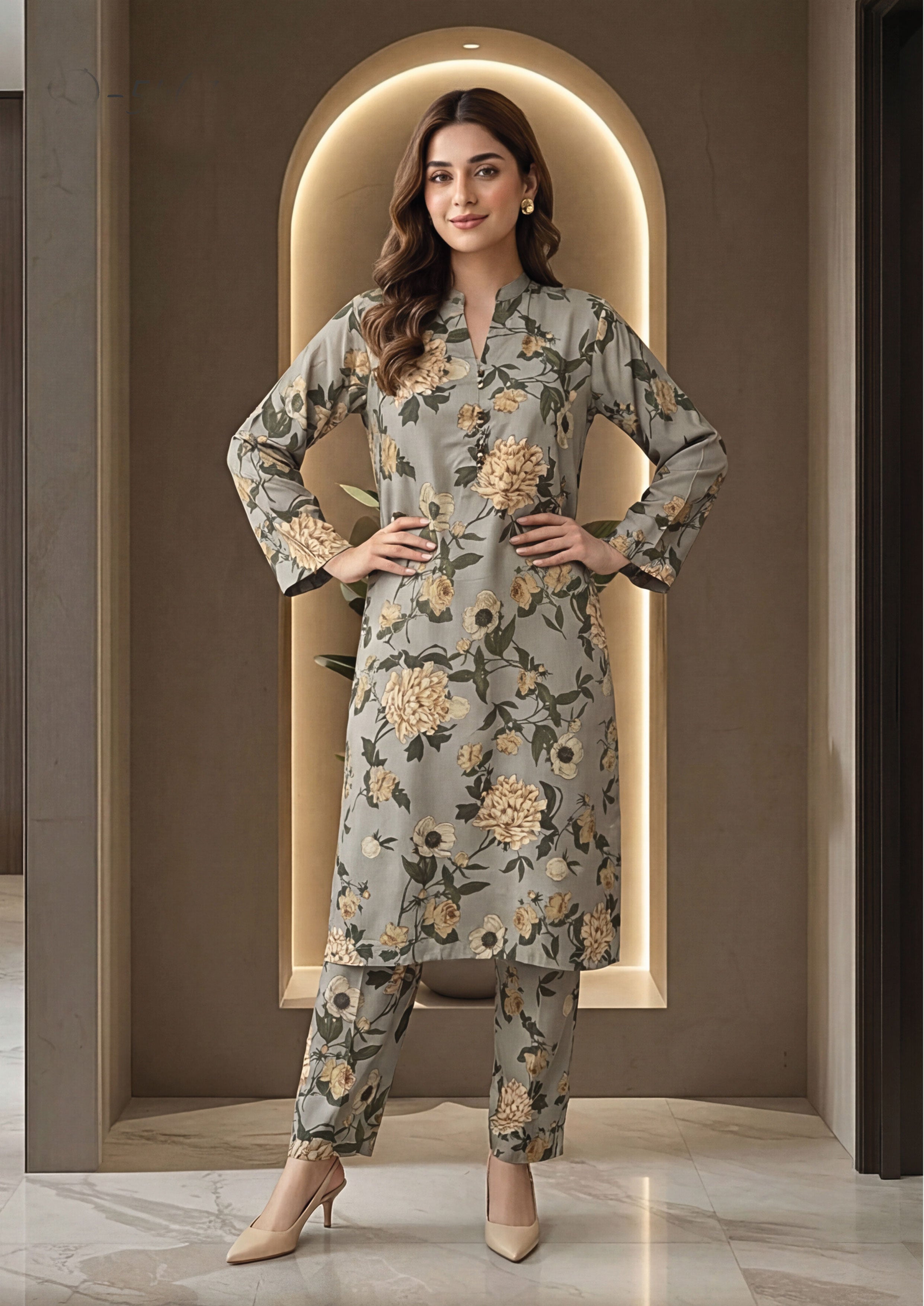 Taupe Grey Linen Stitched Staple Digital print suit