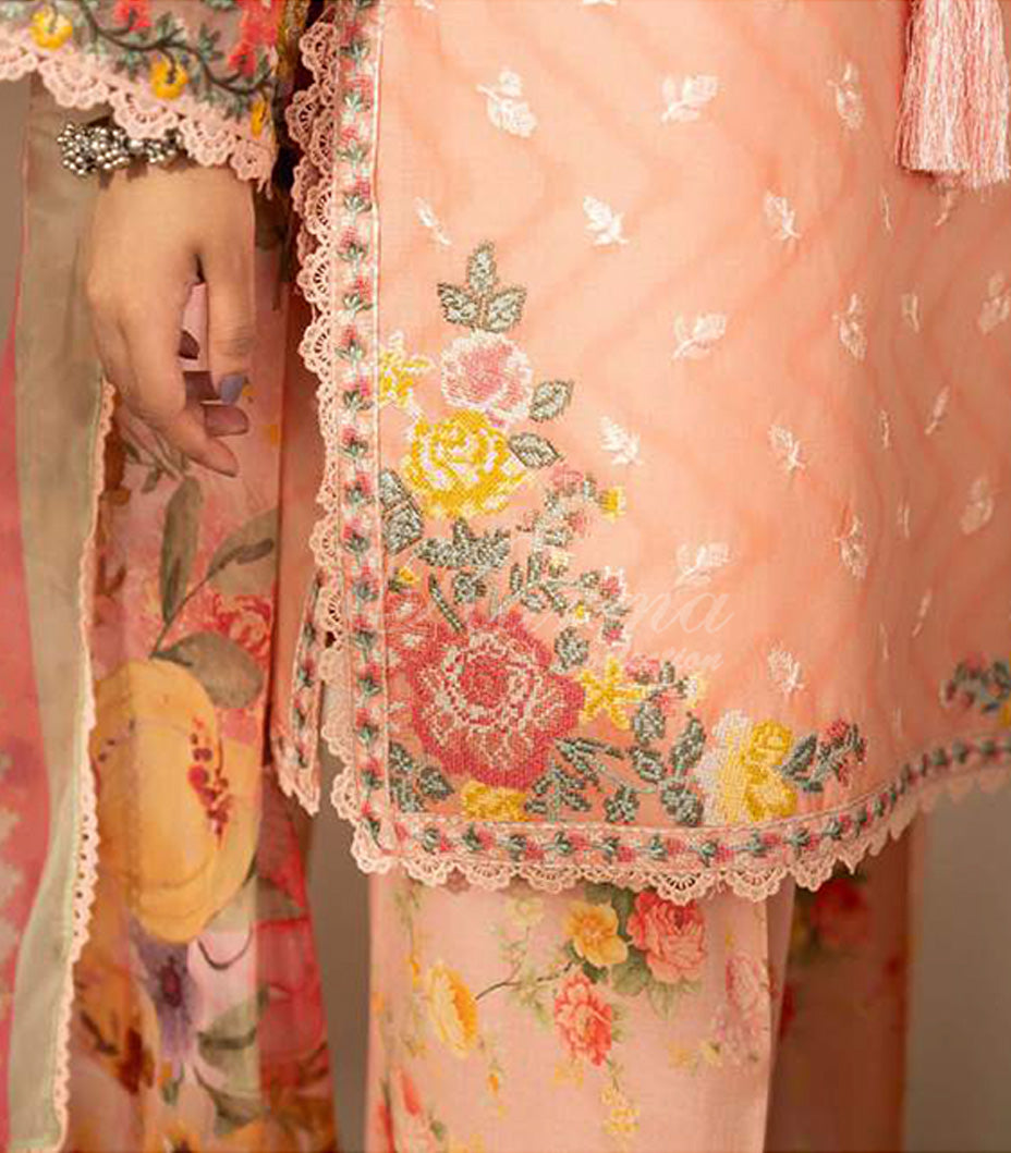 Apricot Embroidered Lawn Suit with Floral Printed Dupatta & Farshi Shalwar