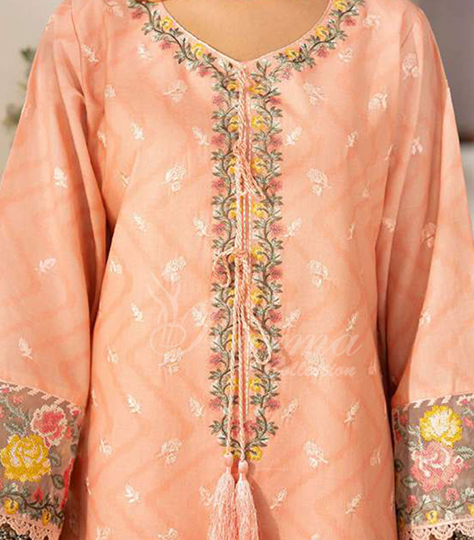 Apricot Embroidered Lawn Suit with Floral Printed Dupatta & Farshi Shalwar