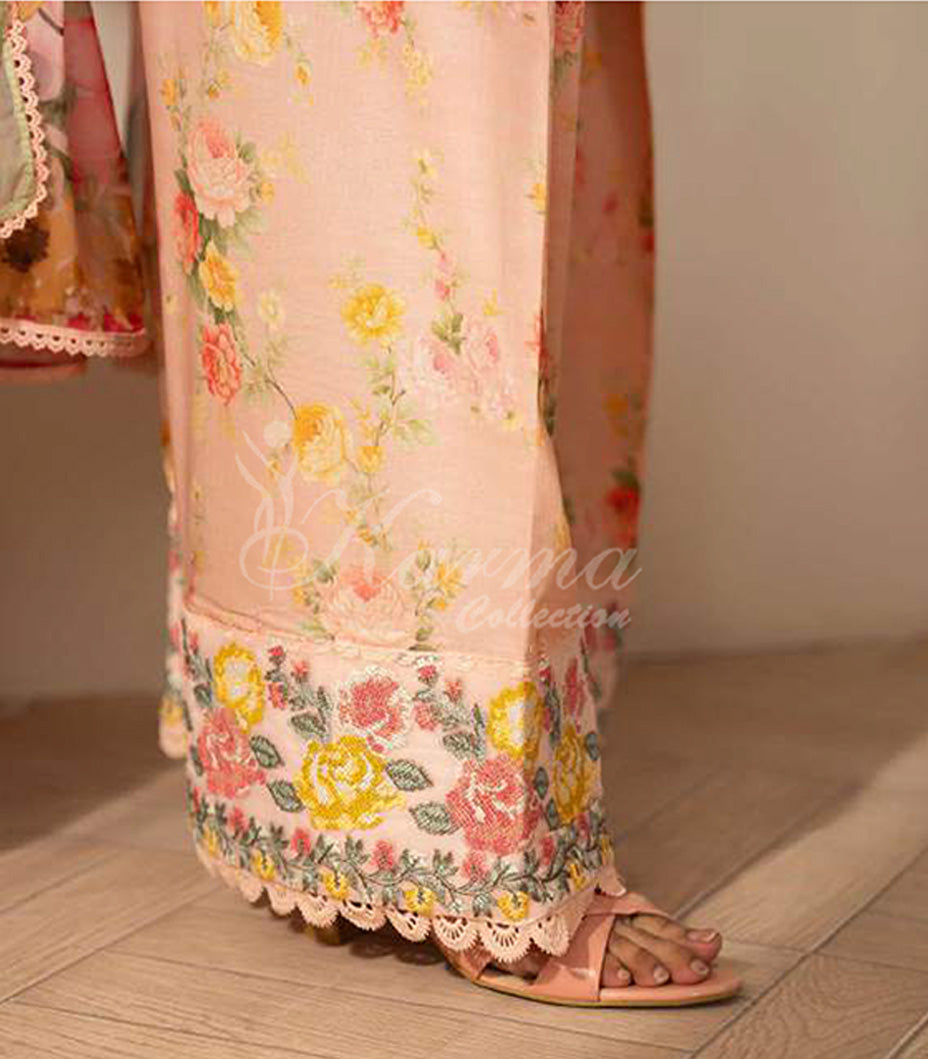 Apricot Embroidered Lawn Suit with Floral Printed Dupatta & Farshi Shalwar