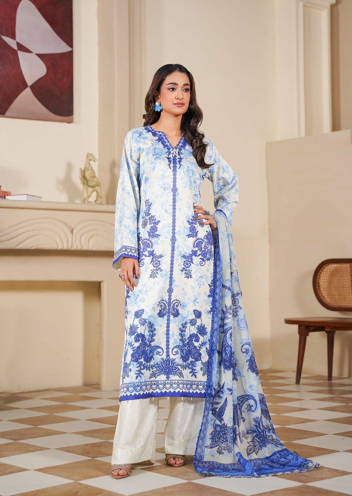 White and Royal Blue Floral Printed 3-Piece Suit with Elegant Borders