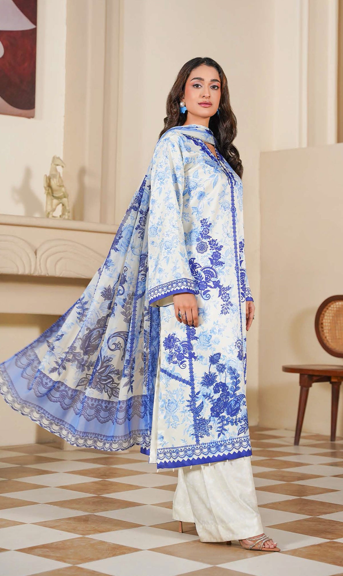White and Royal Blue Floral Printed 3-Piece Suit with Elegant Borders