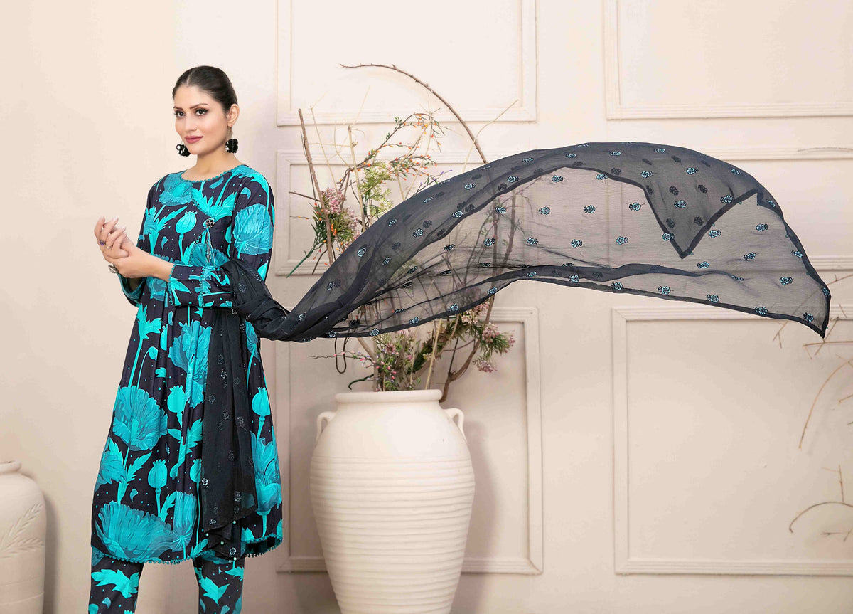Black and Turquoise Floral 3-Piece Suit with Embroidered Chiffon Dupatta