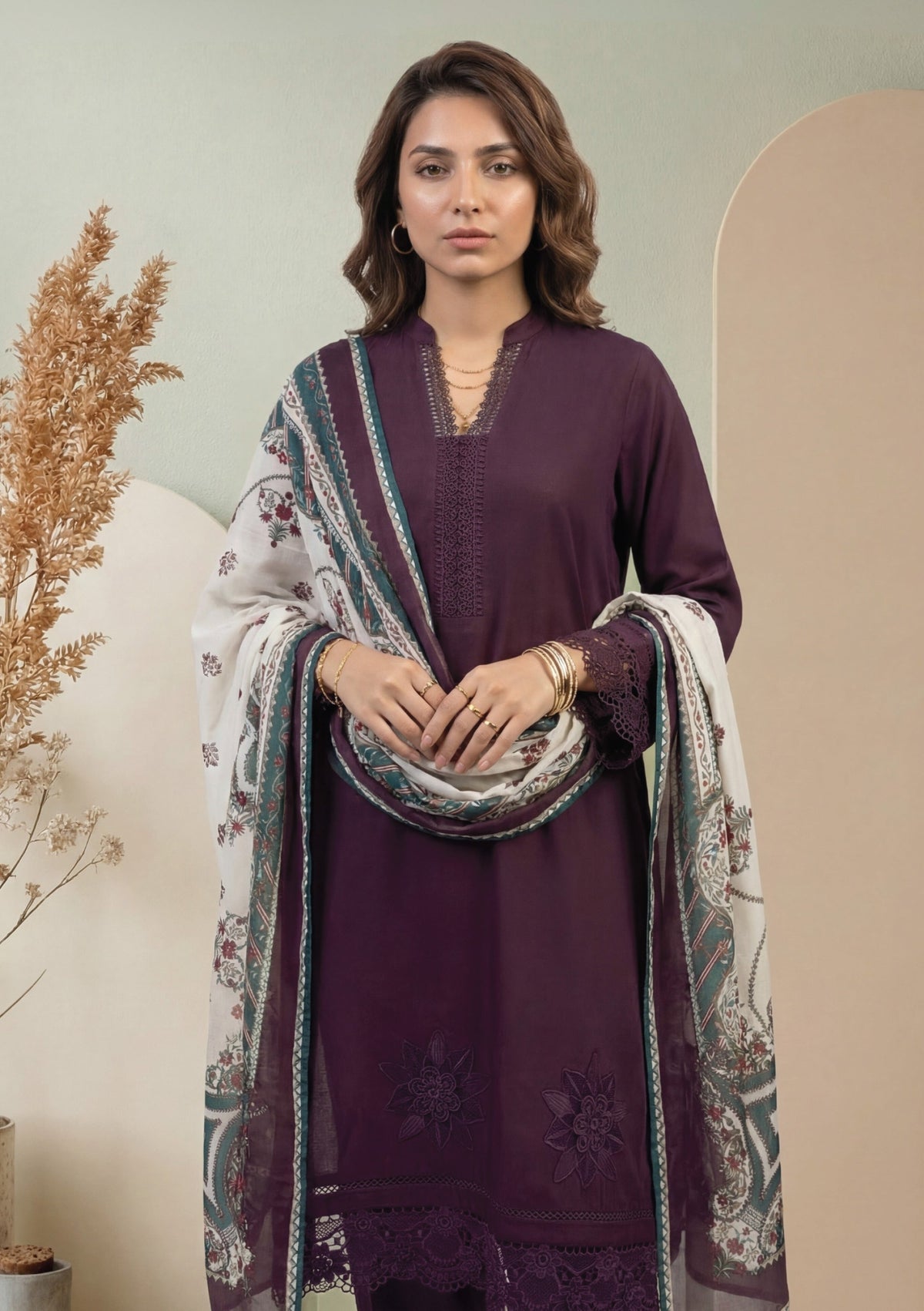 Maroon Embroidered 3-Piece Suit with Printed Digital Dupatta