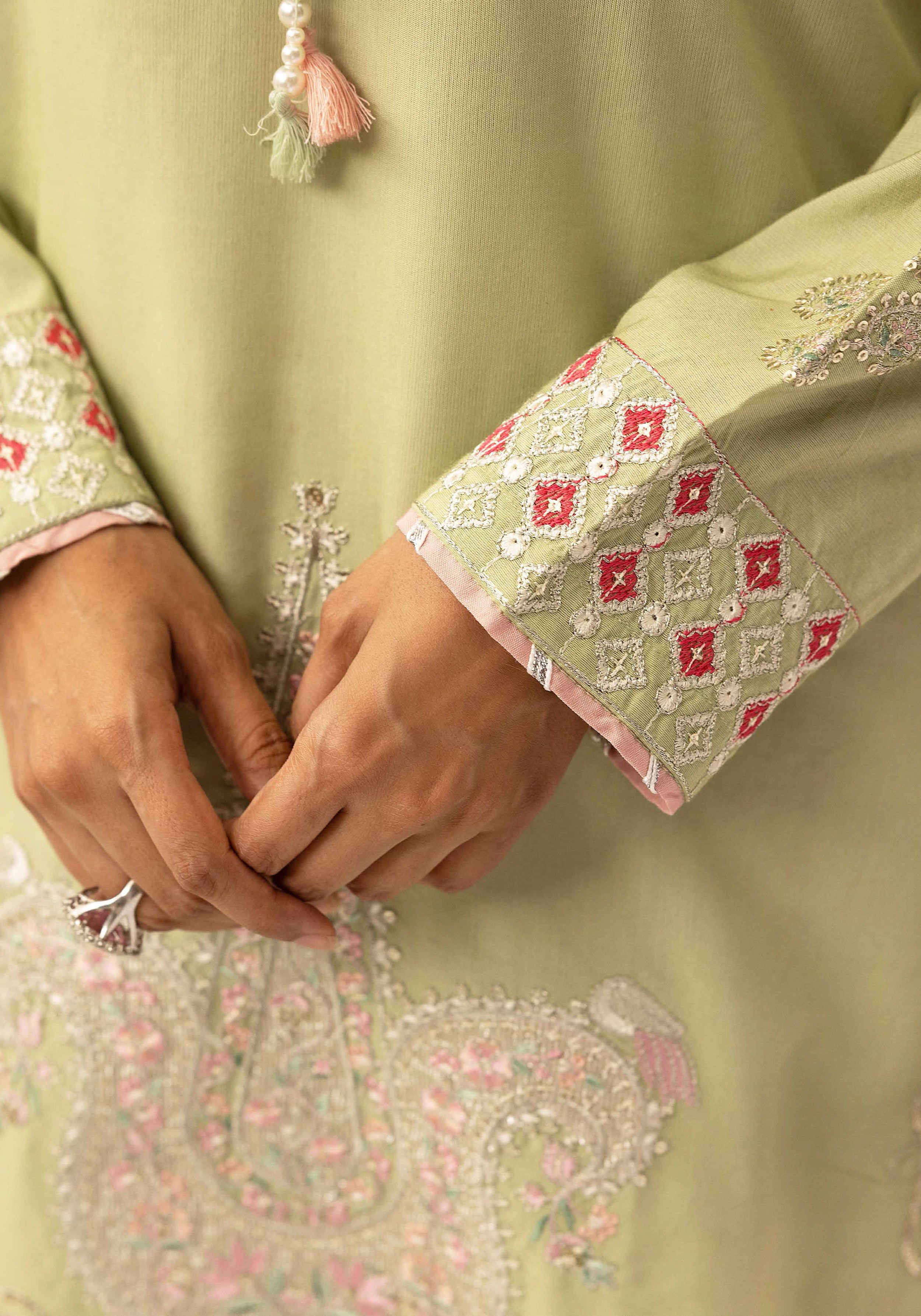 Pistachio Green Embroidered 3-Piece Lawn Suit with Organza Dupatta & Printed Palazzo
