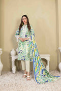 Ivory Green Floral Printed Khaddar 3-Piece Suit with Multicolor Striped Dupatta