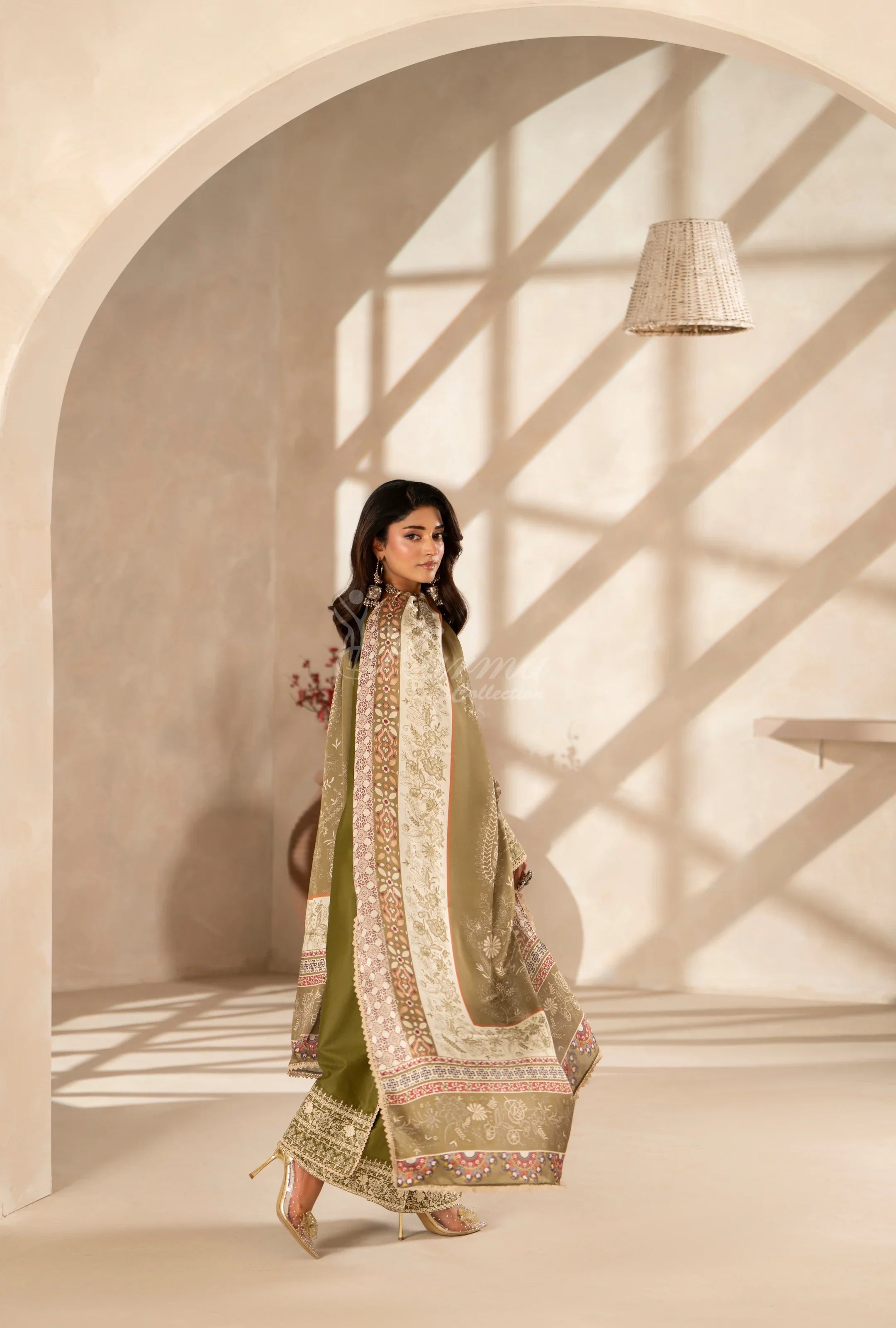 Original Karma collection olive green 3pc outfit with silk scarf