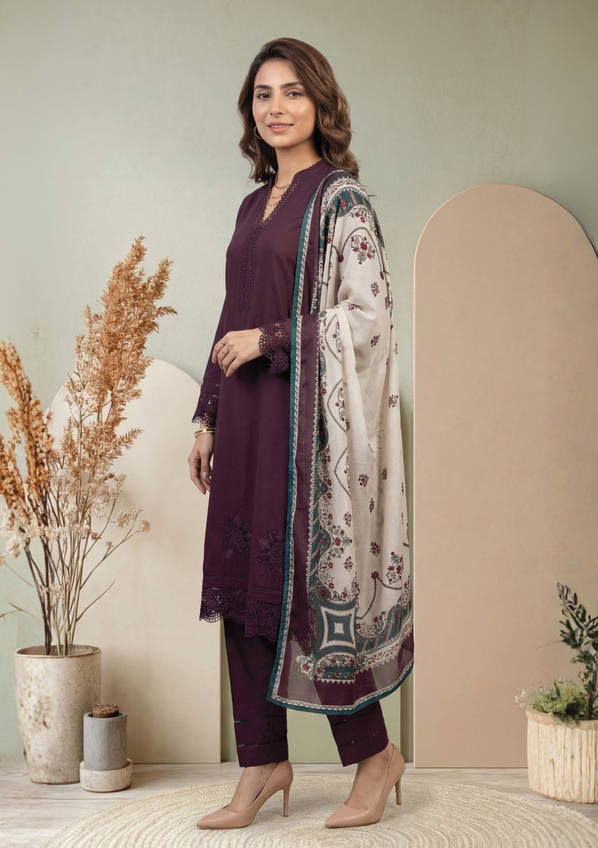 Maroon Embroidered 3-Piece Suit with Printed Digital Dupatta