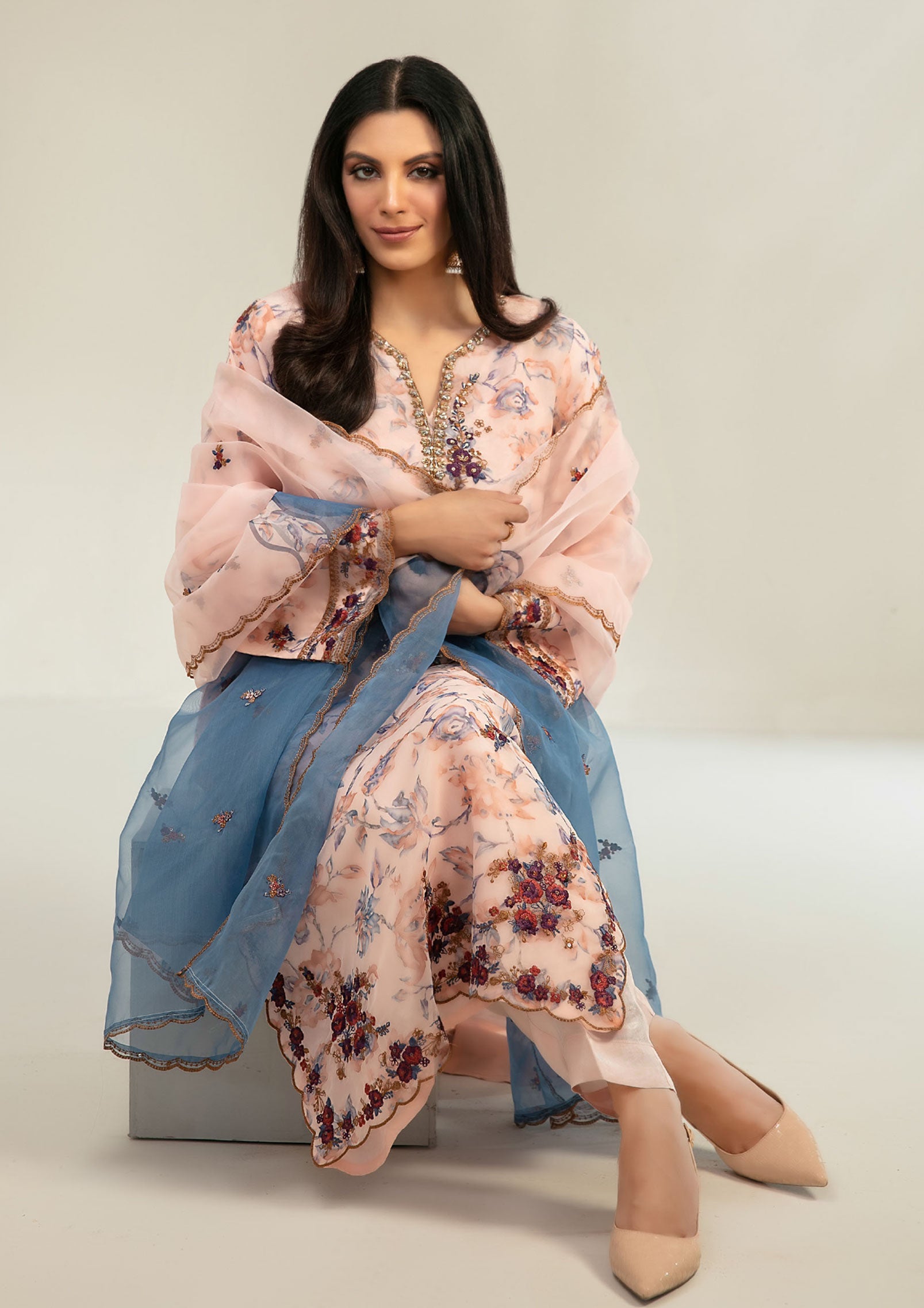 Peach Cream Stitched Fancy Embrioderd organza suit