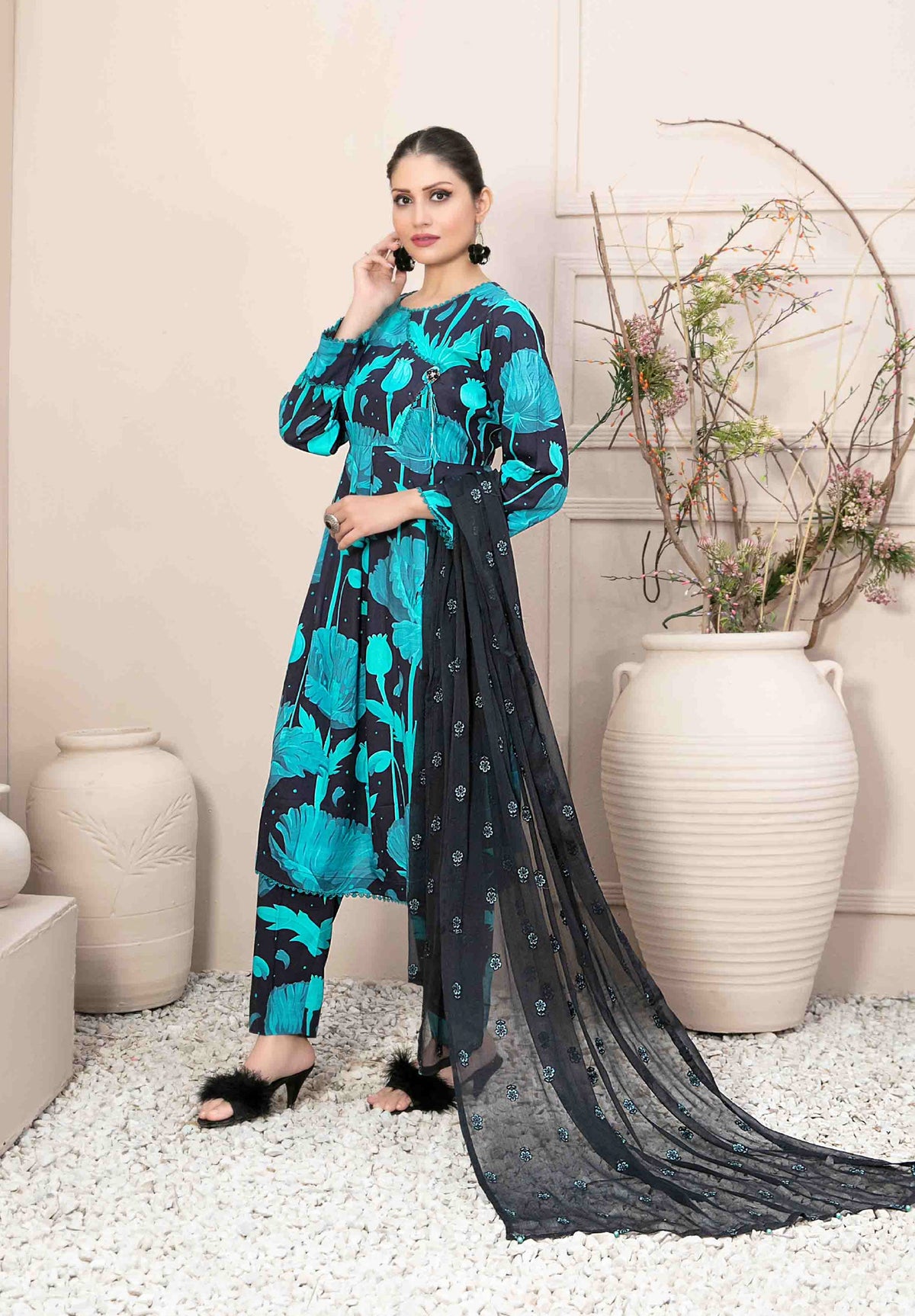 Black and Turquoise Floral 3-Piece Suit with Embroidered Chiffon Dupatta