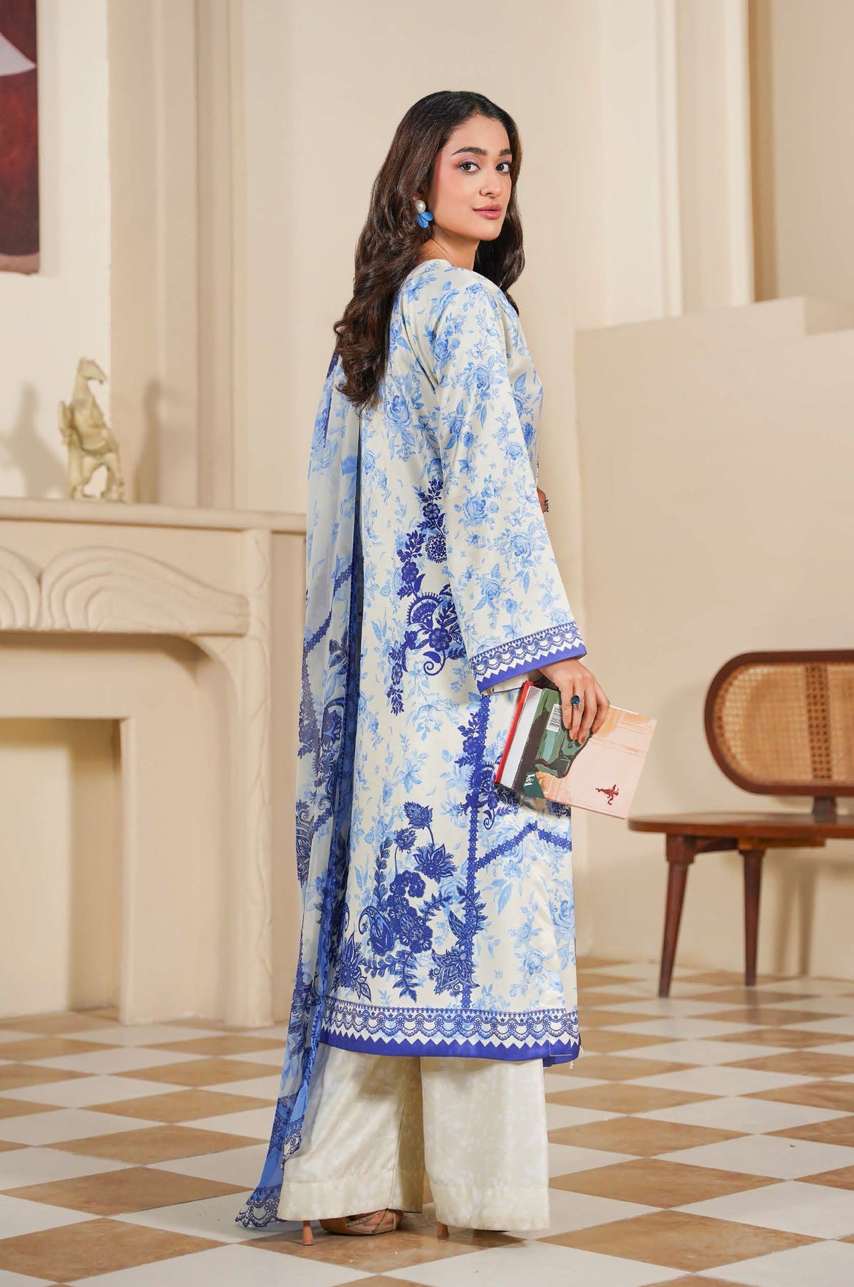 White and Royal Blue Floral Printed 3-Piece Suit with Elegant Borders
