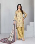 Mustard Yellow Floral Printed 3-Piece Suit with Geometric Shawl Dupatta