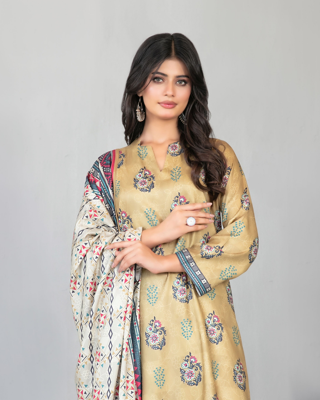 Mustard Yellow Floral Printed 3-Piece Suit with Geometric Shawl Dupatta