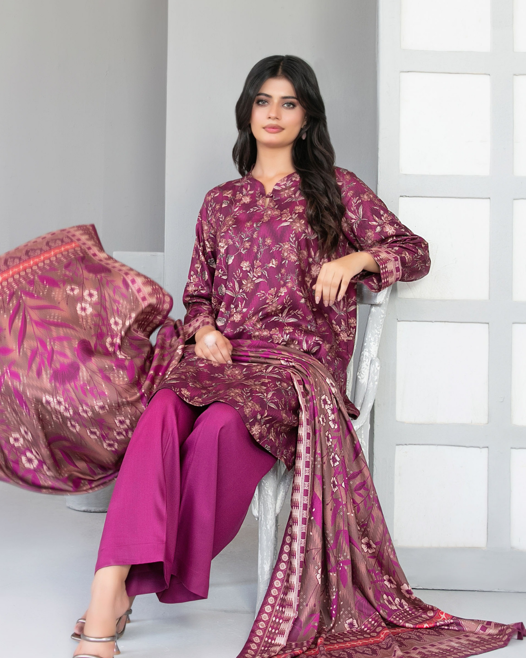 Magenta Floral Printed 3-Piece Suit with Patterned Dupatta