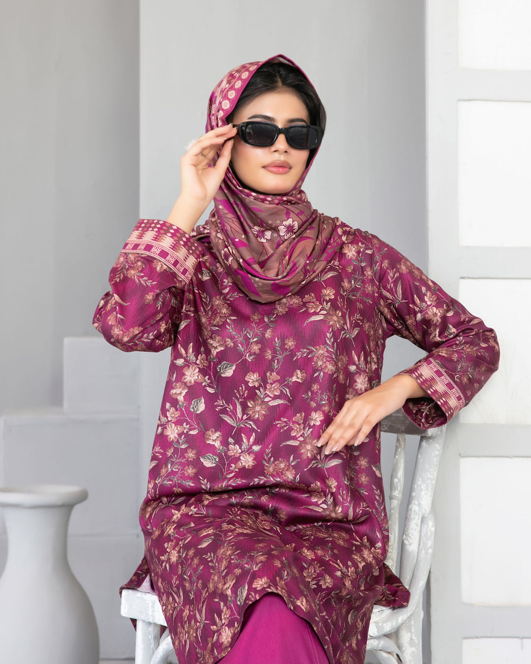 Magenta Floral Printed 3-Piece Suit with Patterned Dupatta