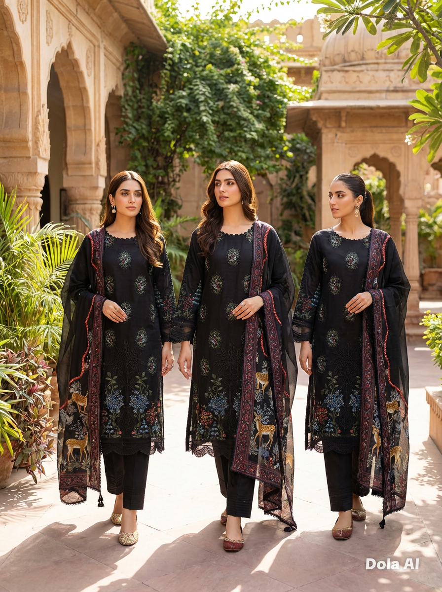 Maria b inspired black with red and blue embroidery 3pc outfit