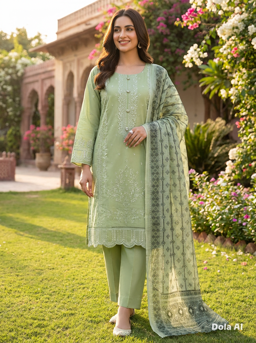Mint green 3pc outfit with sequence and printed scarf