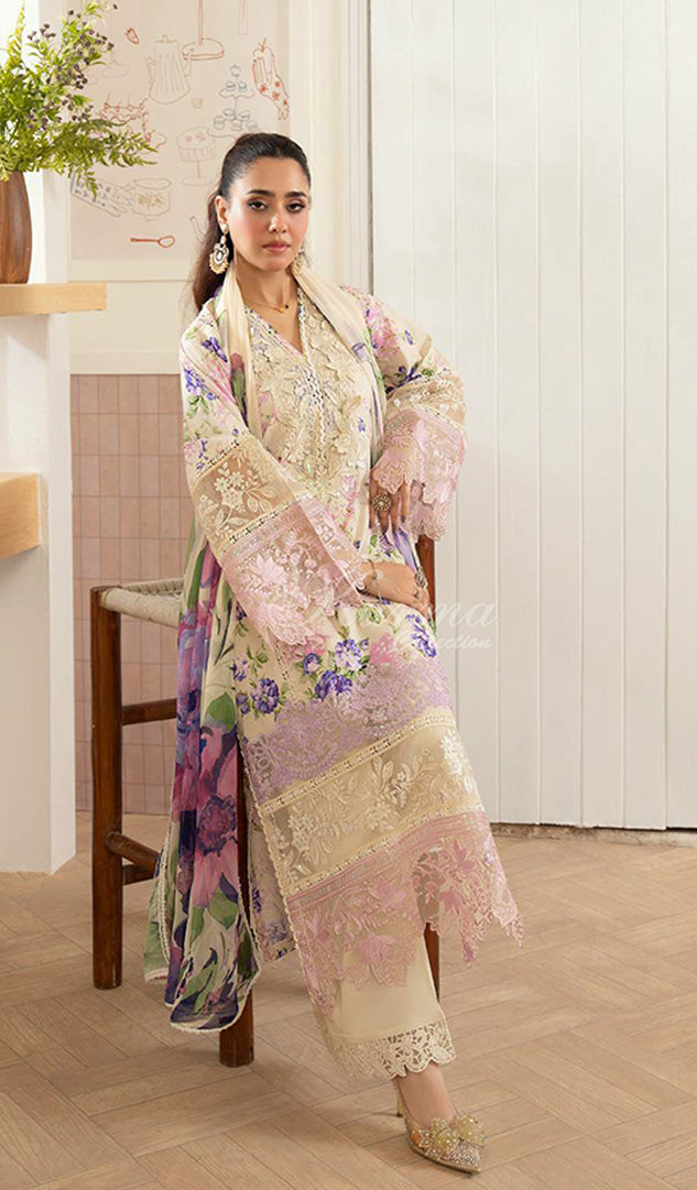 Pearl Ivory Embroidered Lawn Suit with Floral Printed Trouser & Chiffon Dupatta
