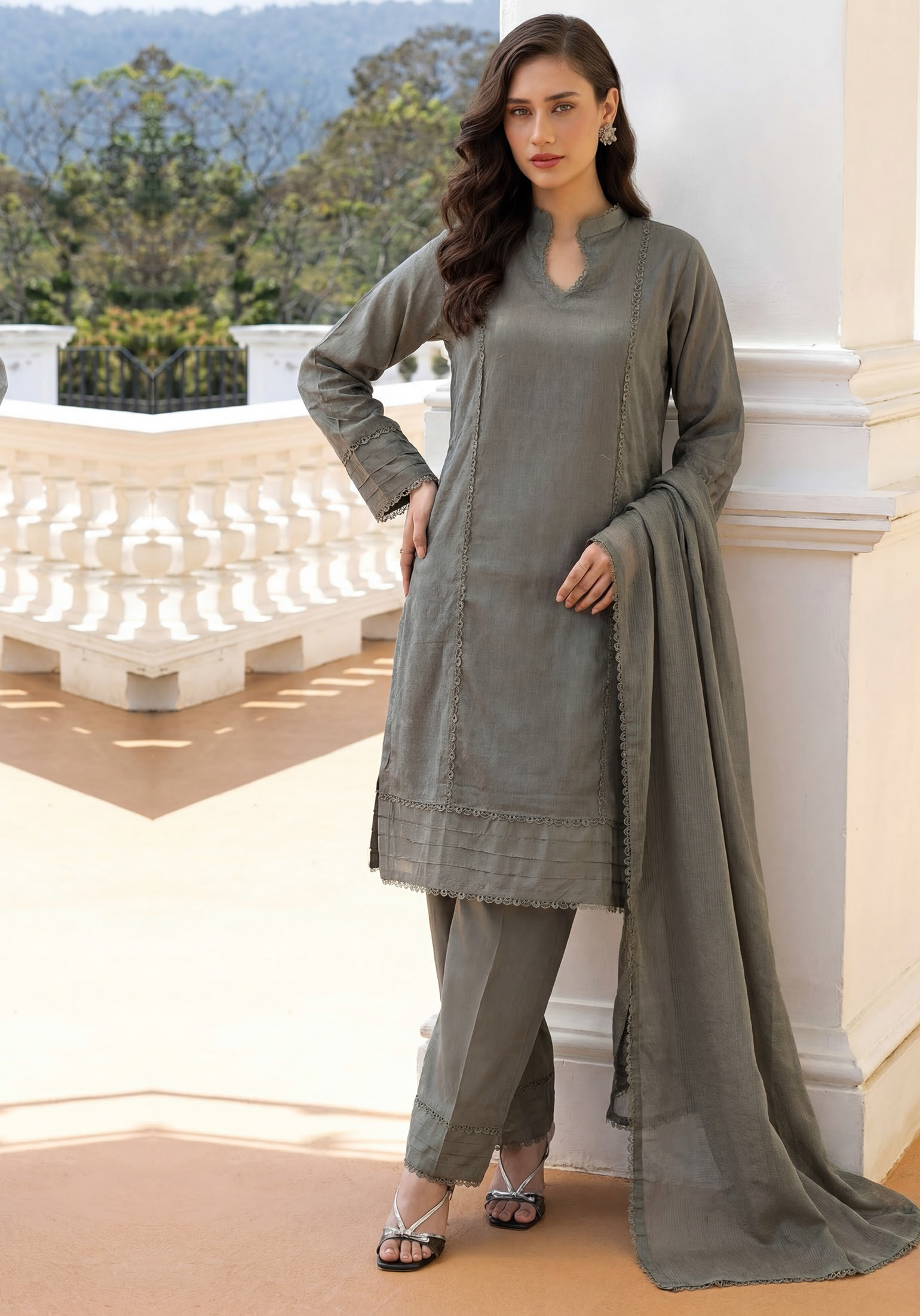 Mocha Grey Premium Jacquard Lawn 3-Piece Stitched Suit