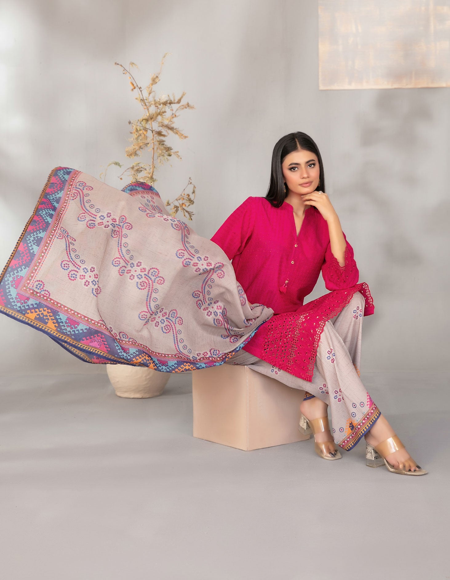 Cherry Pink Embroidered Schiffli Lawn with Digital Printed Dupatta
