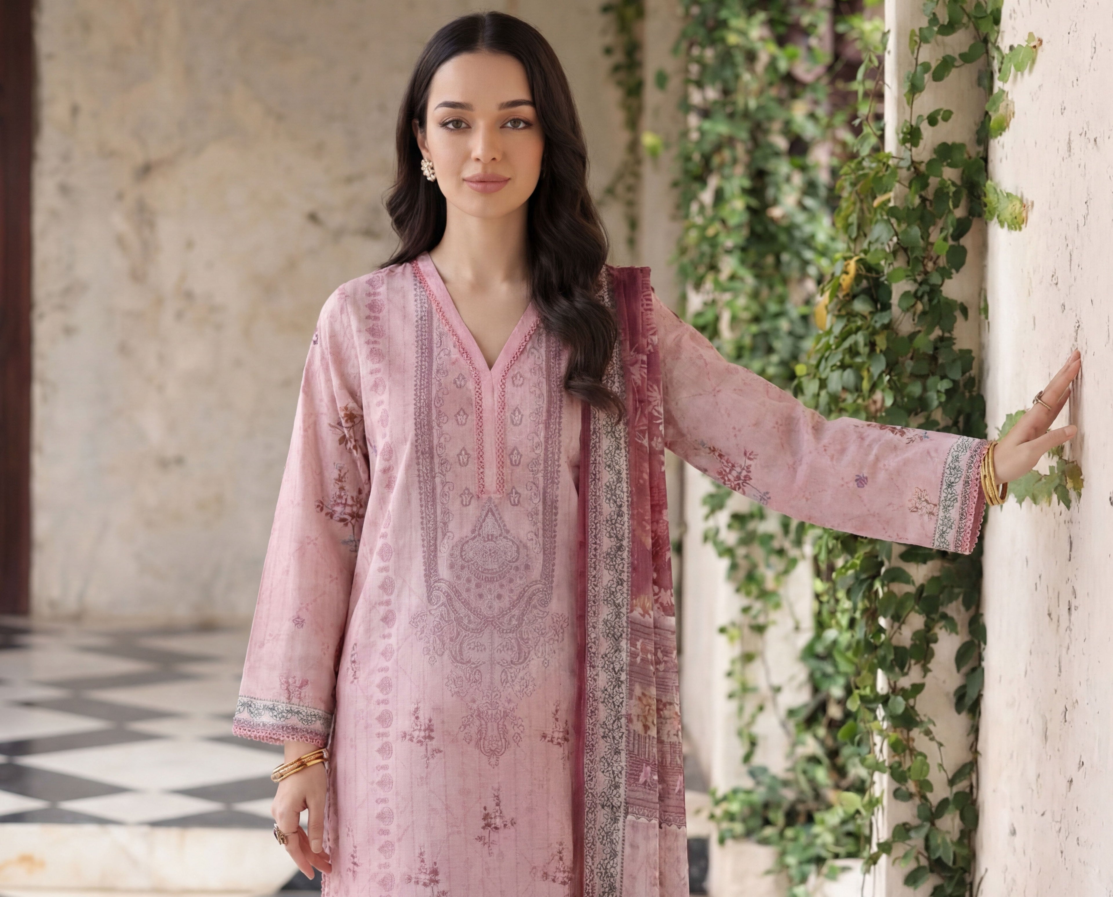 Vintage pink 3pc Lawn Stitched Suit