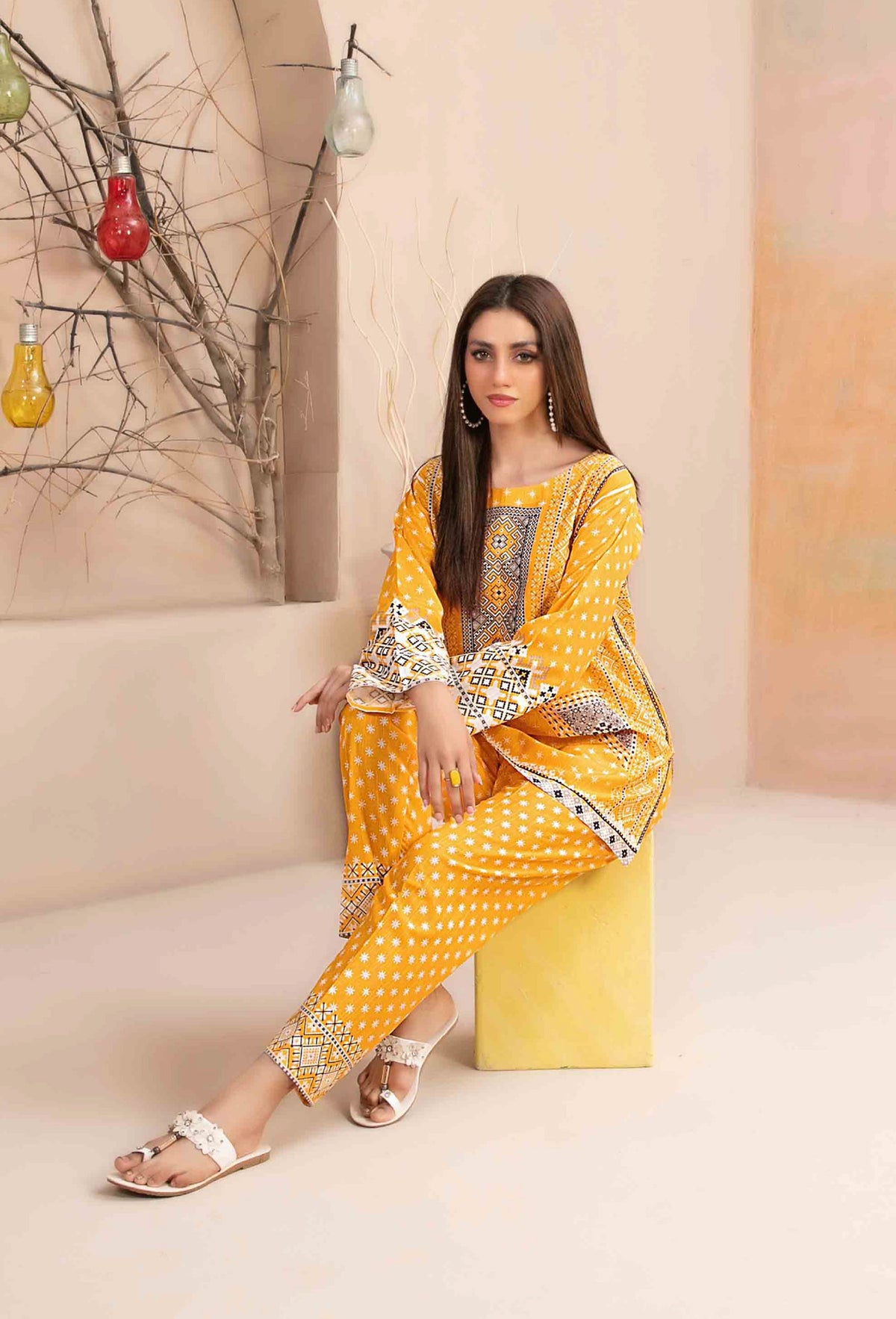 Mustard Yellow Khaddar 2-Piece Suit with Geometric Printed Details