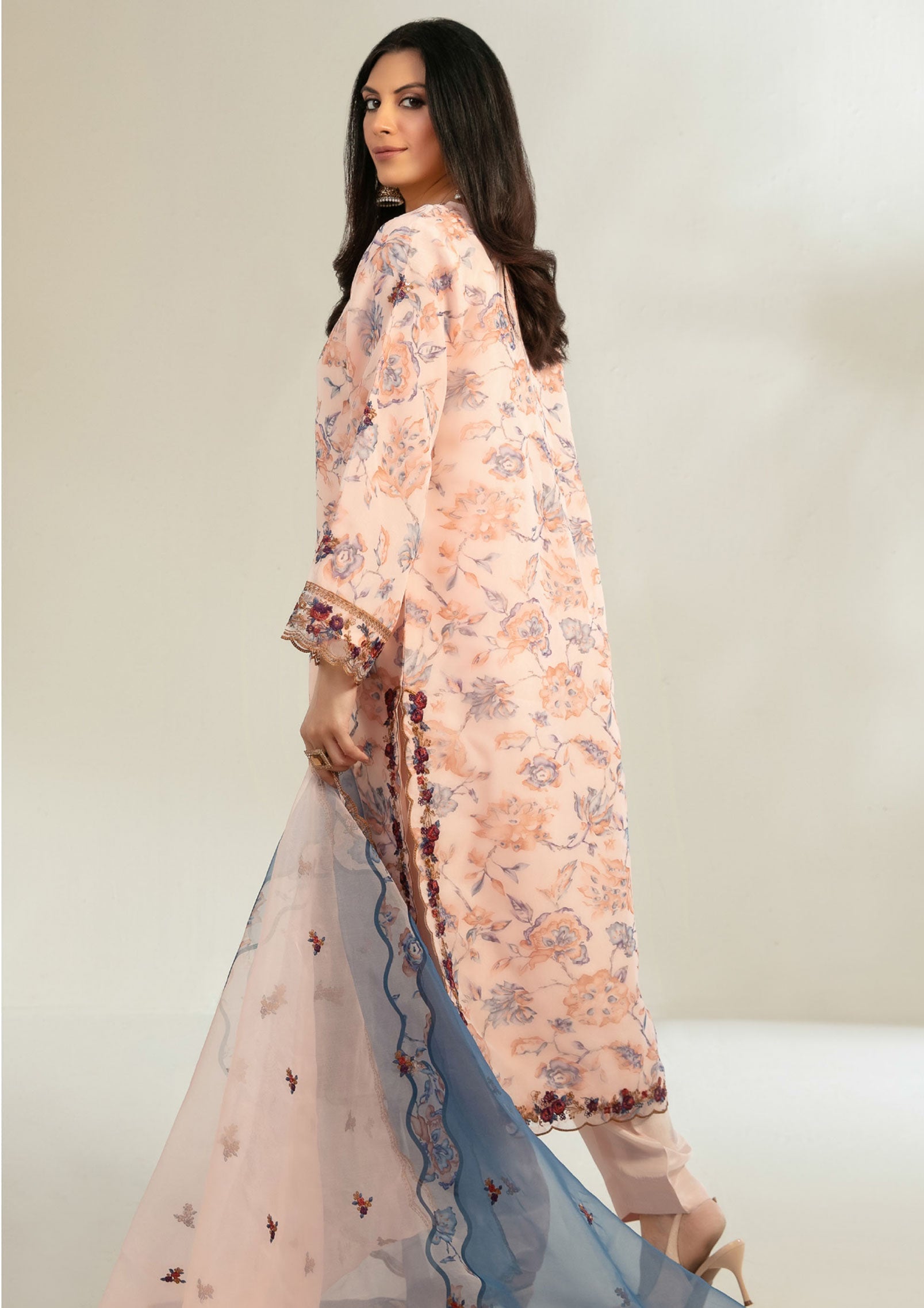 Peach Cream Stitched Fancy Embrioderd organza suit