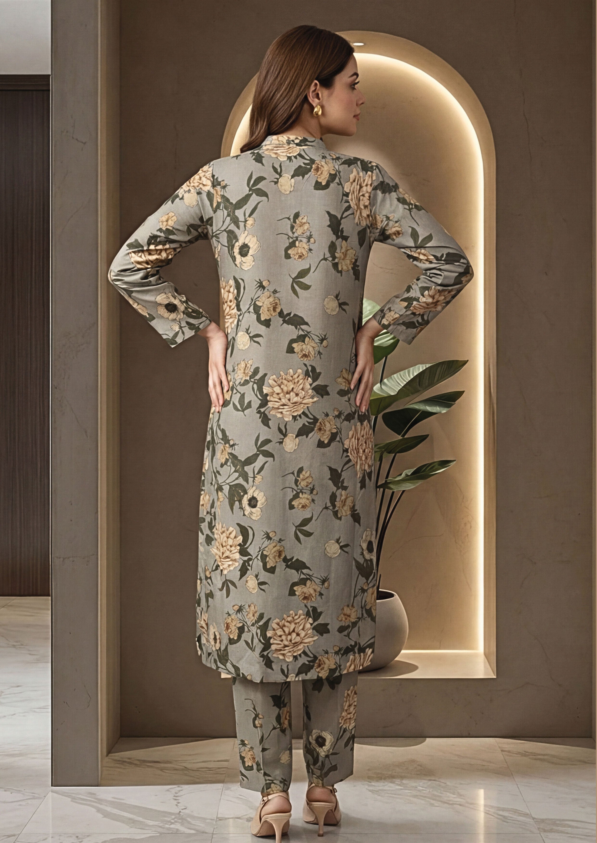 Taupe Grey Linen Stitched Staple Digital print suit