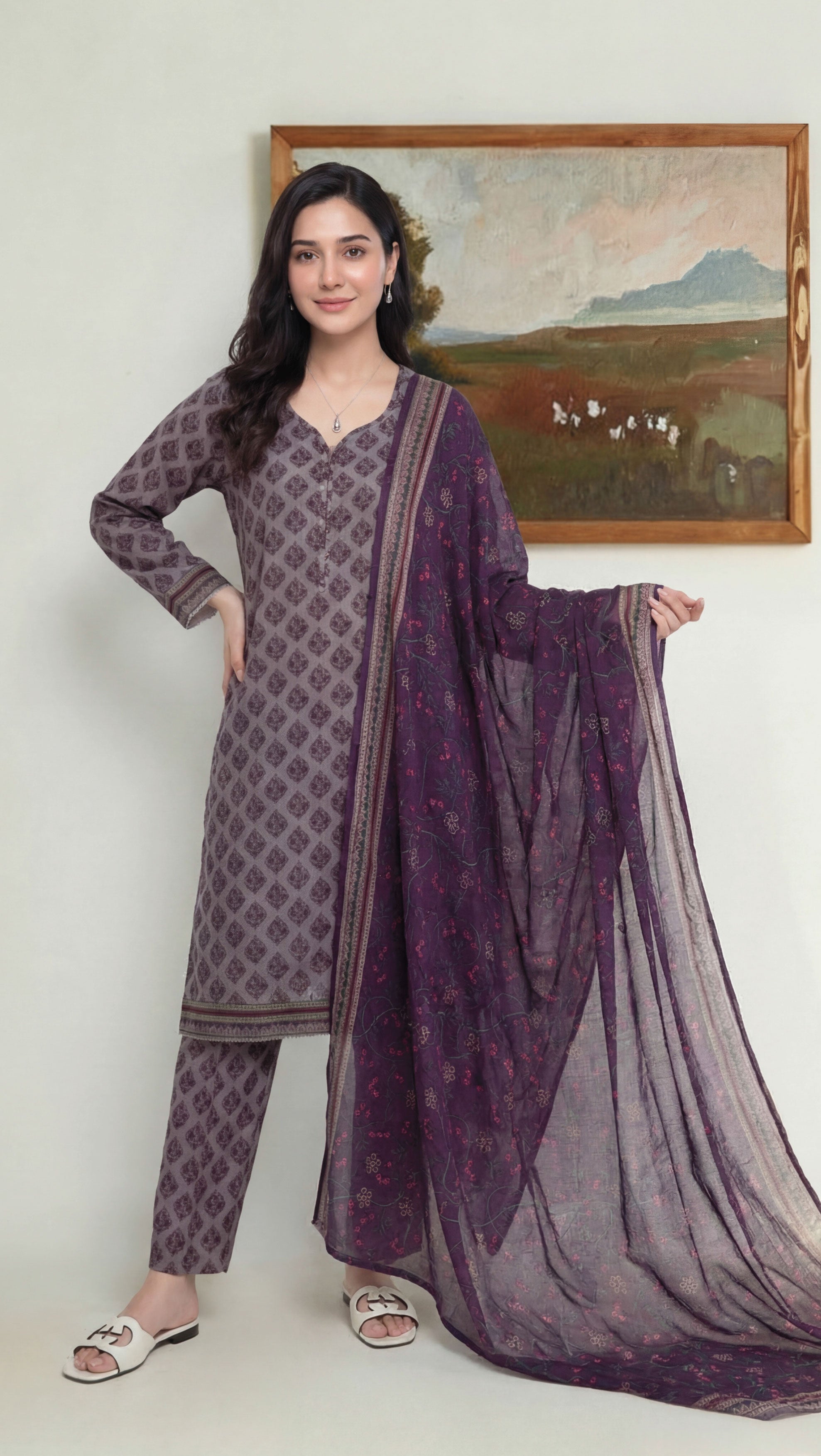 Mauve Gray Elite Lawn Rotary Print 3PC Ready-to-Wear