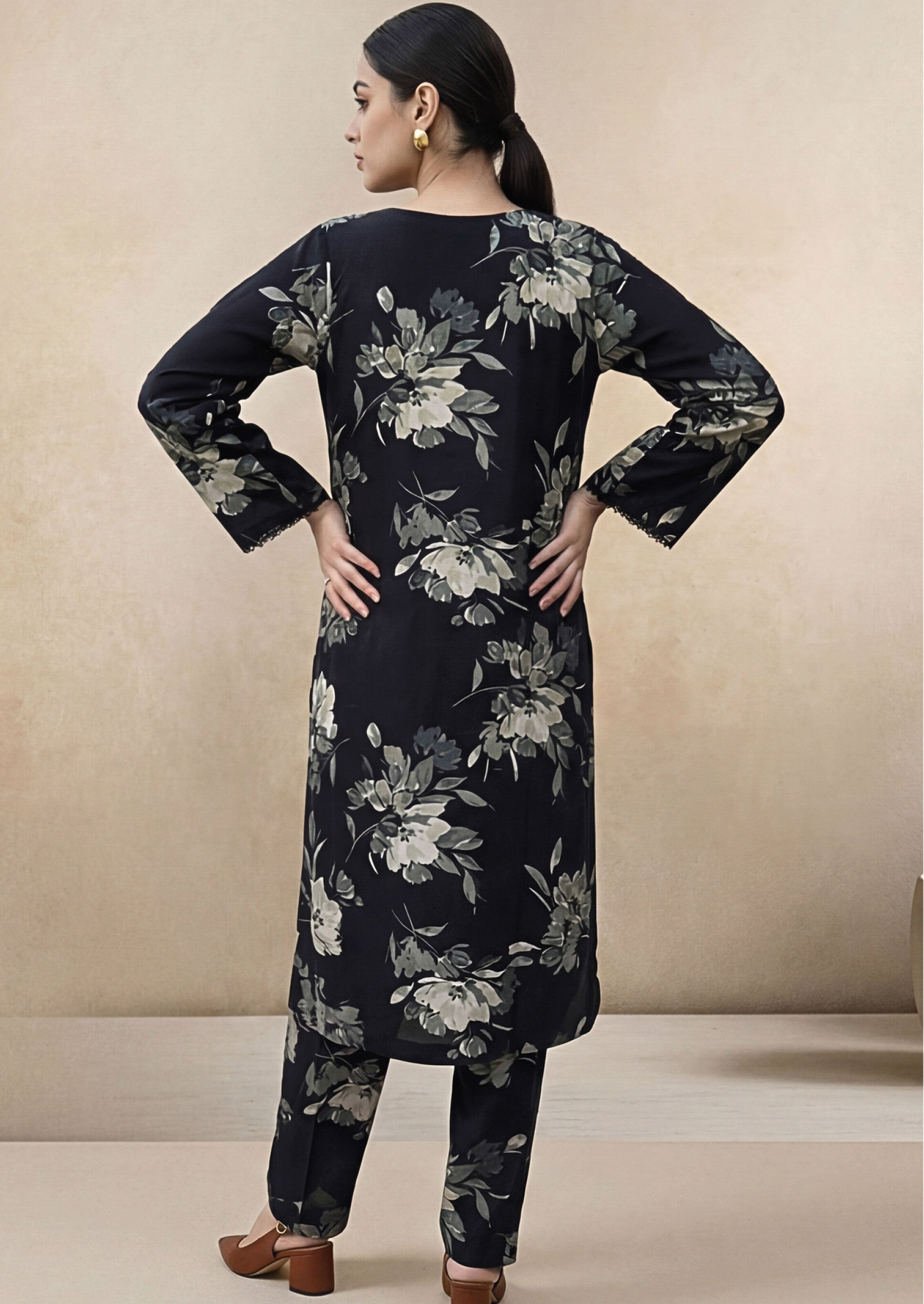 Plum Black Linen Stitched Staple Digital print suit
