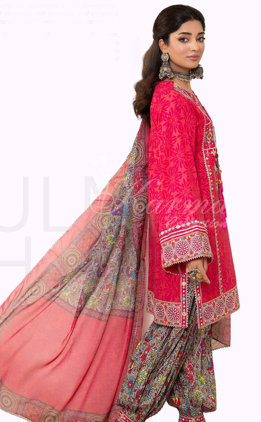 Fuchsia Embroidered Lawn Suit with Printed Dupatta & Farshi Shalwar