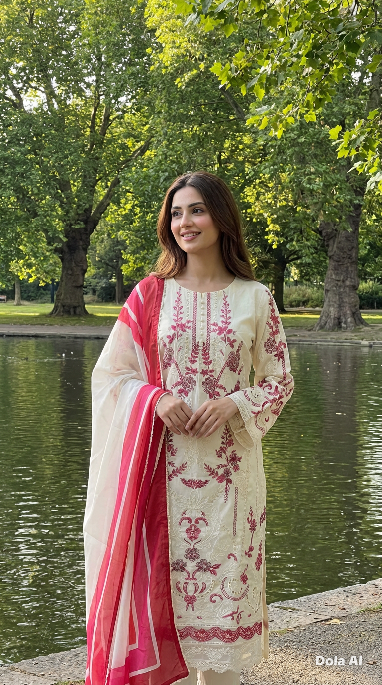 White and red Maria b inspired 3pc outfit with a silk scarf
