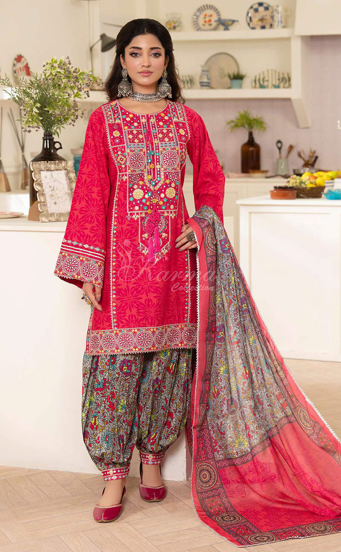 Fuchsia Embroidered Lawn Suit with Printed Dupatta & Farshi Shalwar