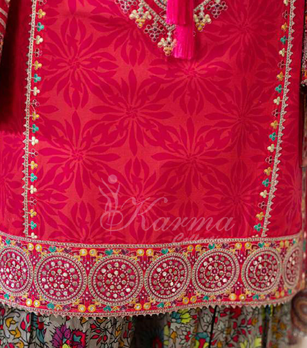 Fuchsia Embroidered Lawn Suit with Printed Dupatta & Farshi Shalwar