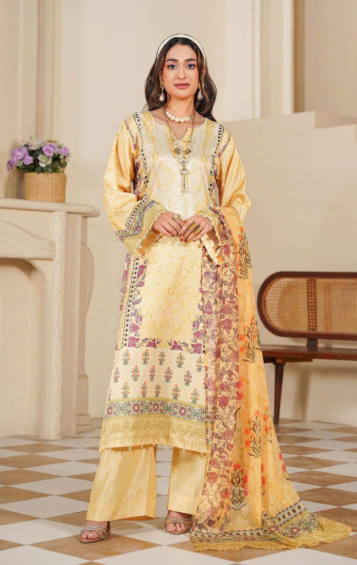 Mustard Yellow Floral Printed 3-Piece Suit with Traditional Borders