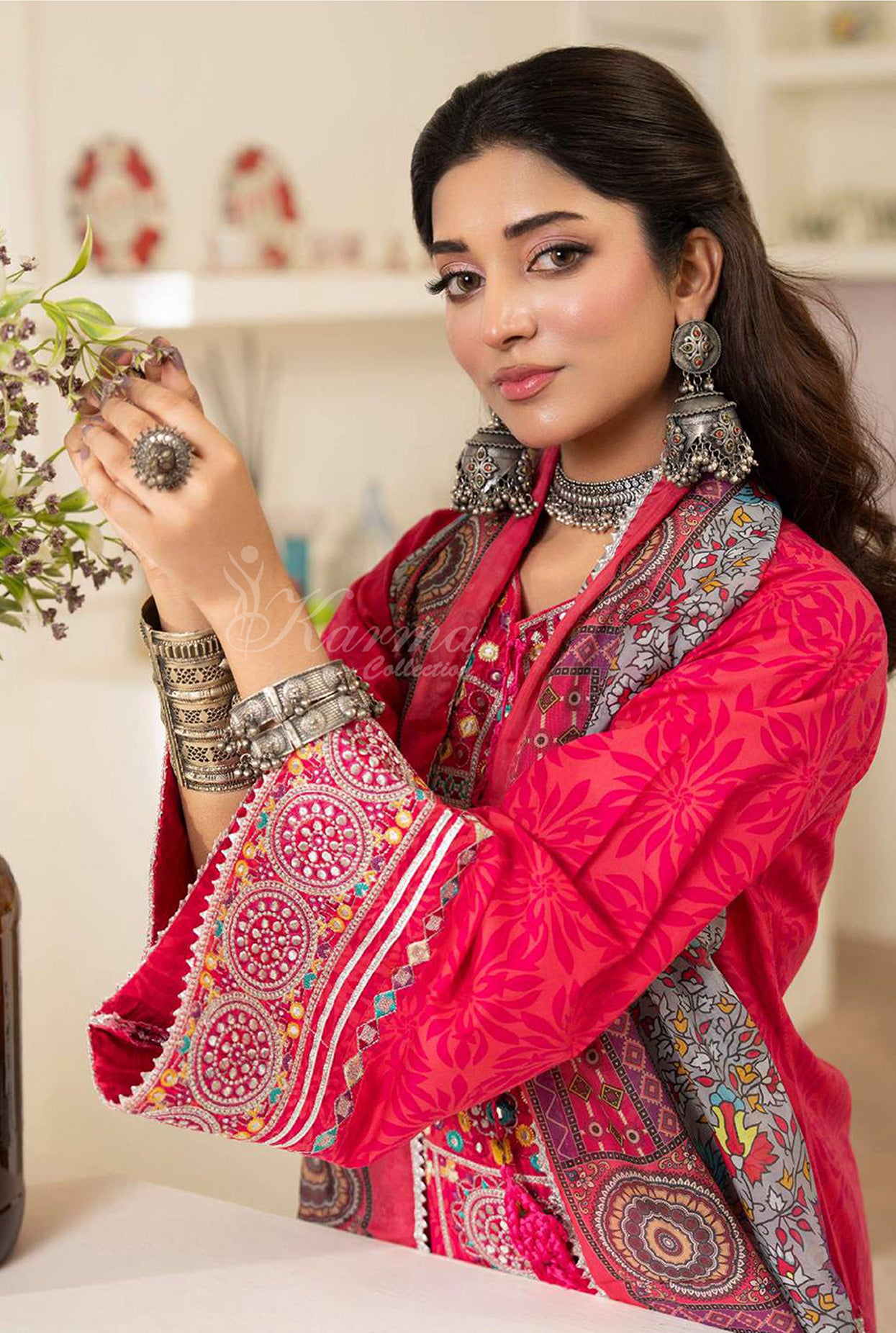 Fuchsia Embroidered Lawn Suit with Printed Dupatta & Farshi Shalwar