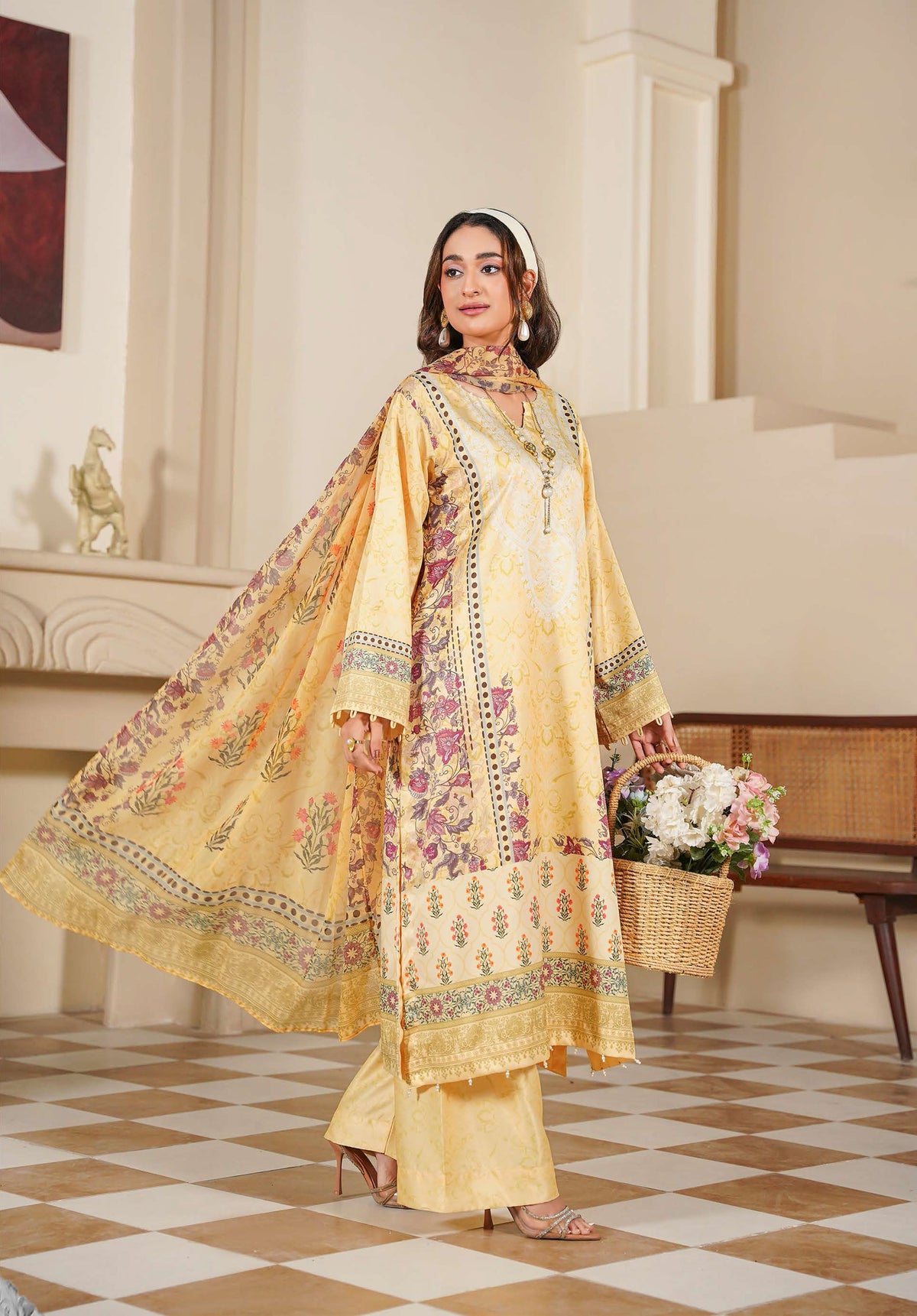 Mustard Yellow Floral Printed 3-Piece Suit with Traditional Borders