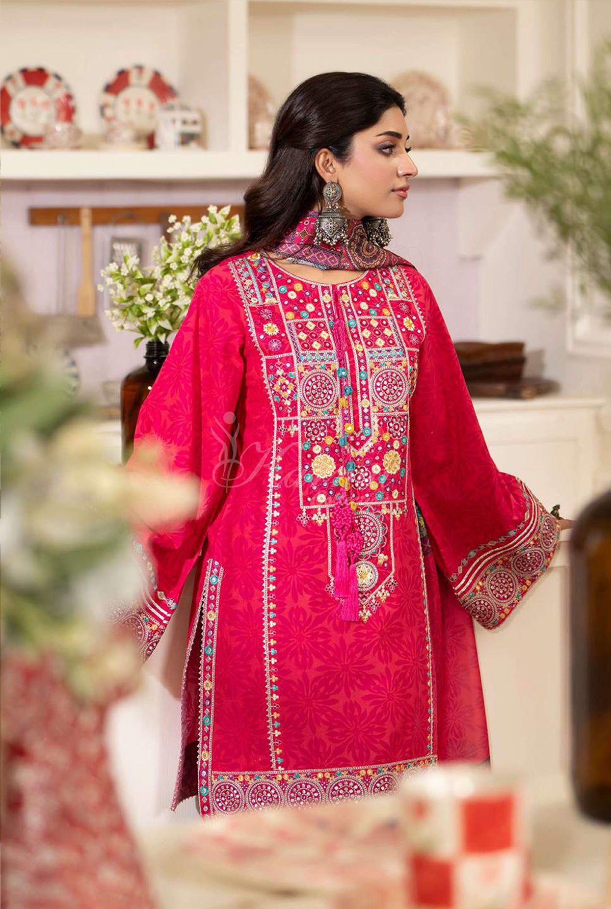 Fuchsia Embroidered Lawn Suit with Printed Dupatta & Farshi Shalwar