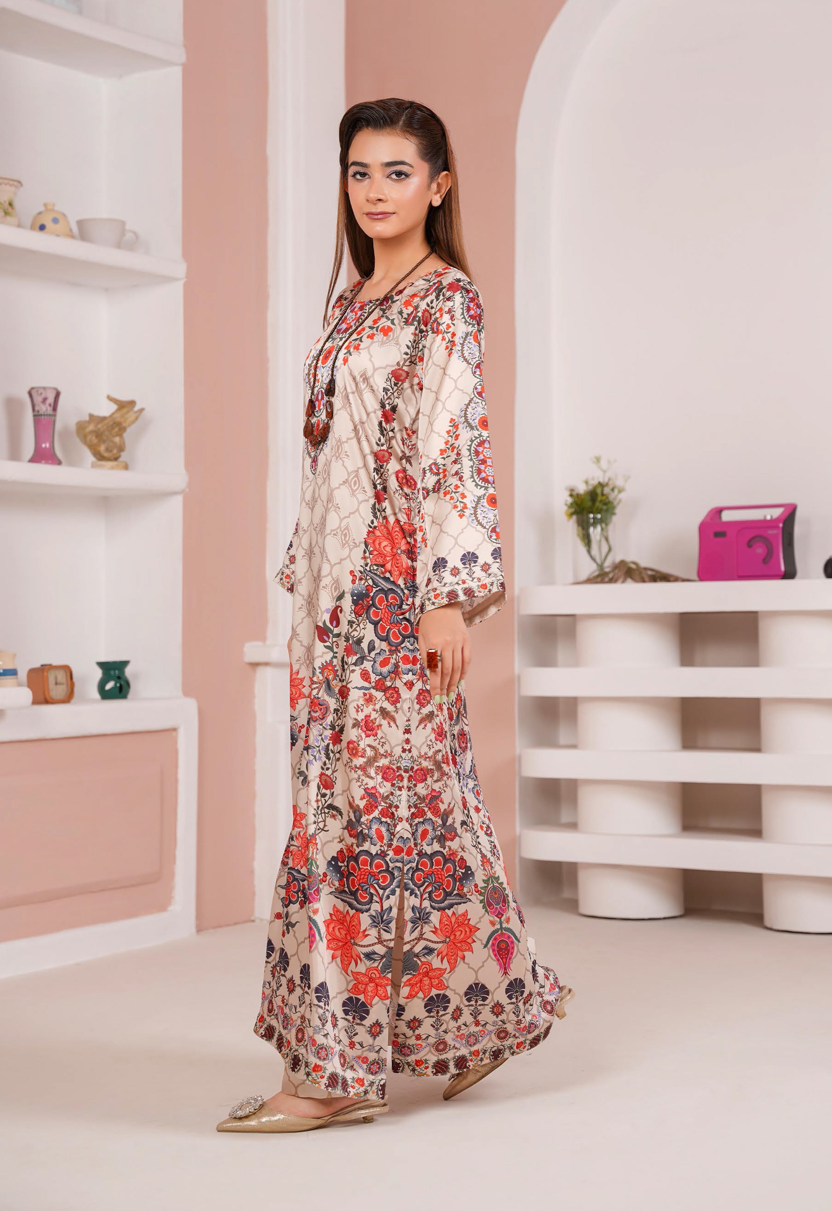 Ivory Floral Printed Silk Long Shirt & Trouser