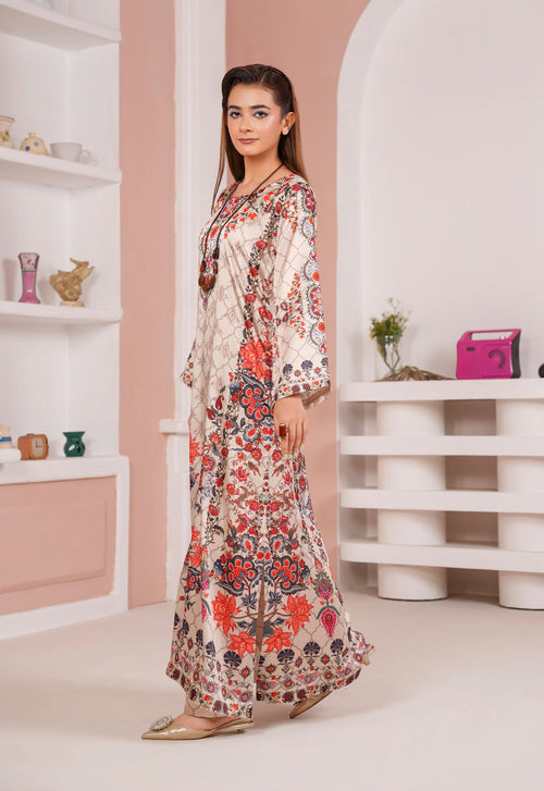 Ivory Floral Printed Silk Long Shirt & Trouser
