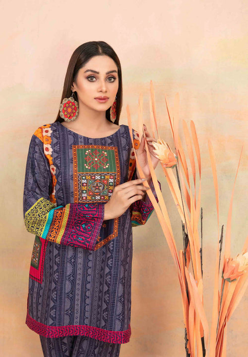 Charcoal Grey Khaddar 2-Piece Suit with Multicolor Ethnic Prints