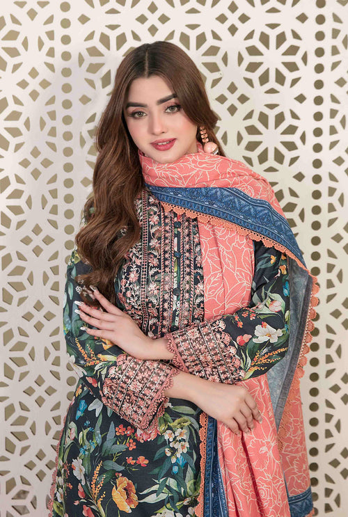 Navy Blue Floral Printed Khaddar 3-Piece Suit with Embroidered Front and Coral Dupatta
