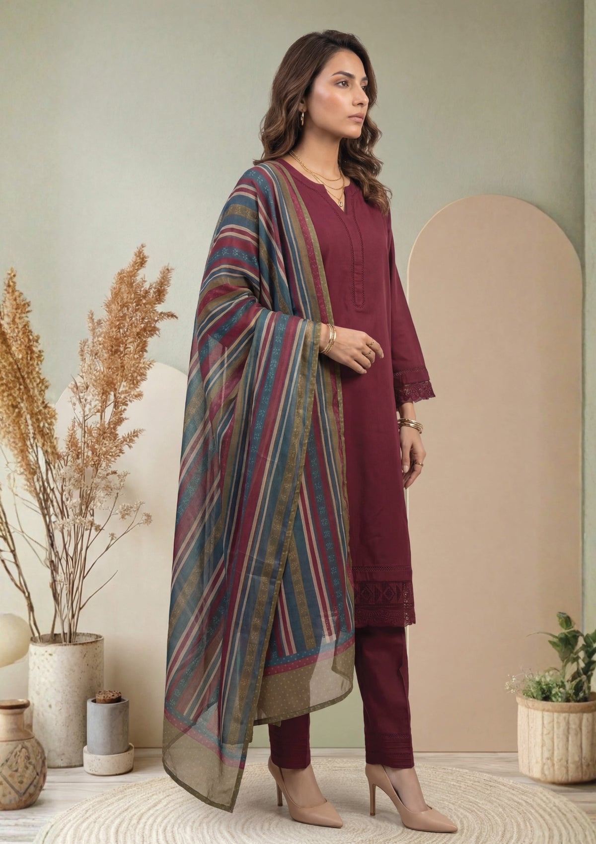 Maroon Embroidered 3-Piece Suit with Striped Digital Print Dupatta
