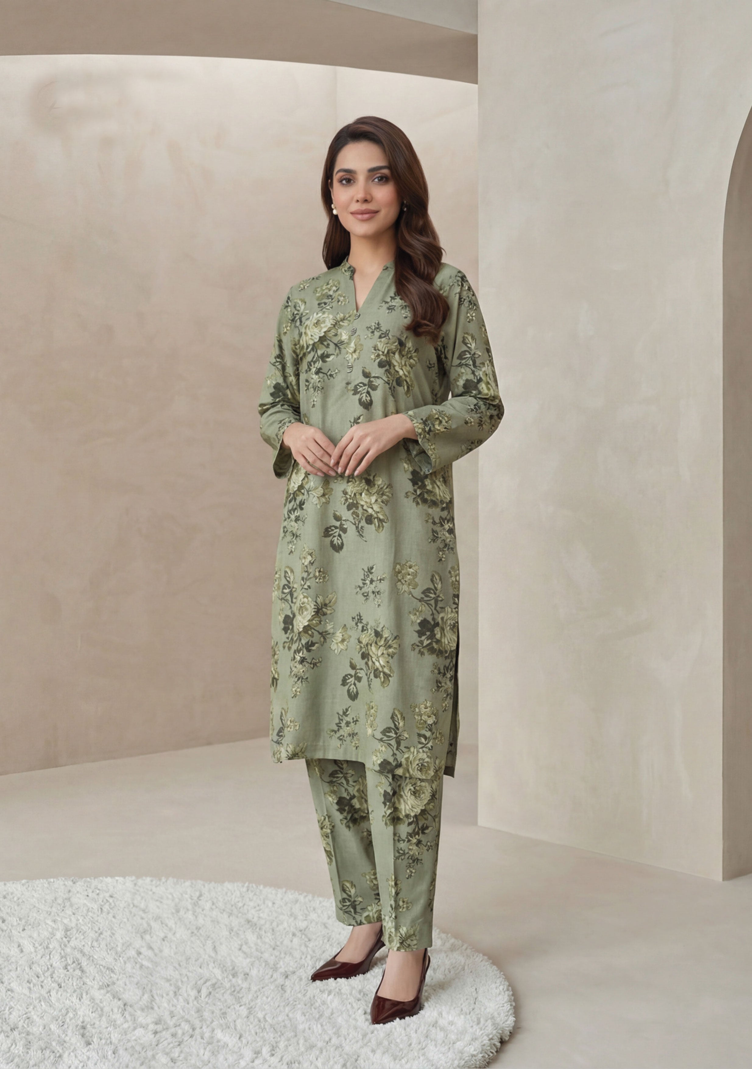 Olive Mist Linen Stitched Staple Digital print suit