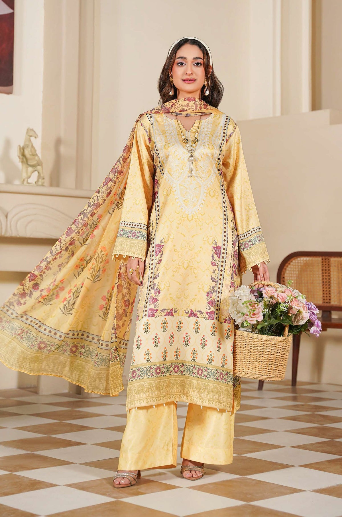 Mustard Yellow Floral Printed 3-Piece Suit with Traditional Borders
