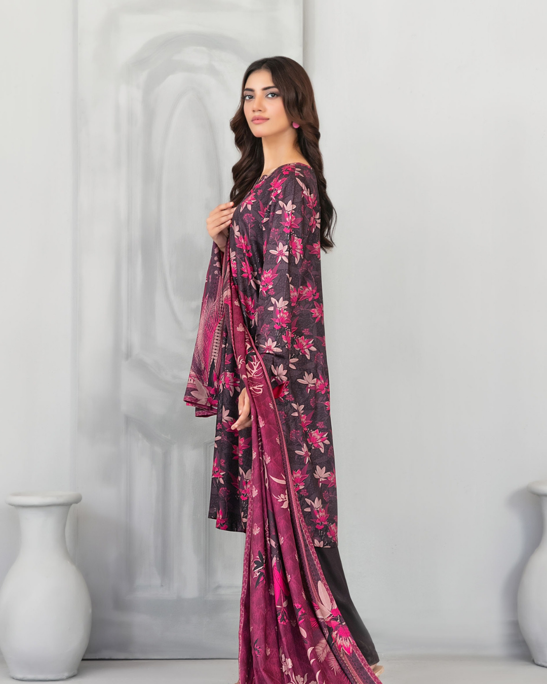Charcoal Black Floral Printed 3-Piece Suit with Magenta Dupatta