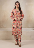 Peach Beige Linen Stitched Staple Digital print suit