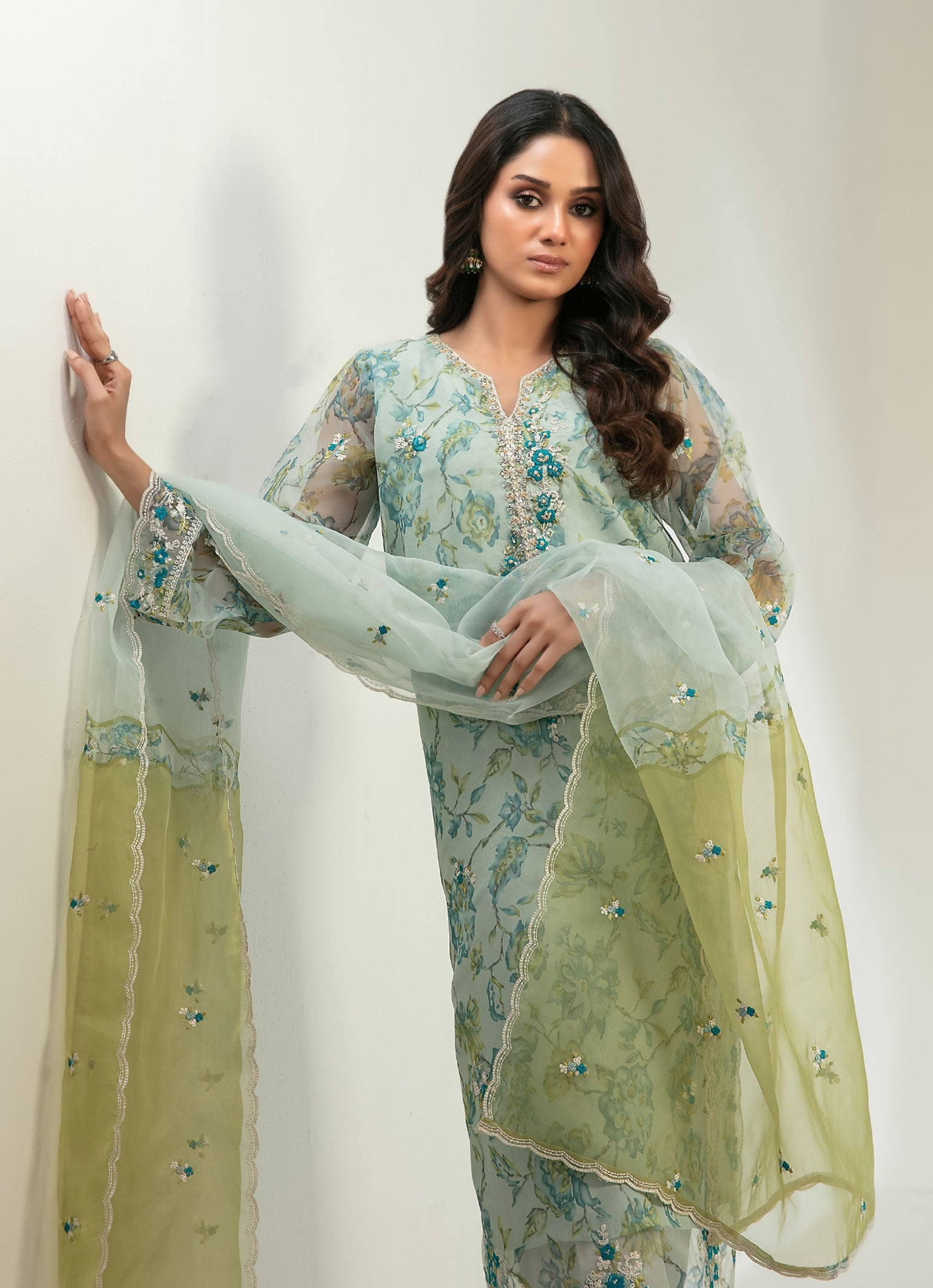 Green Haze Stitched Fancy Embrioderd organza suit